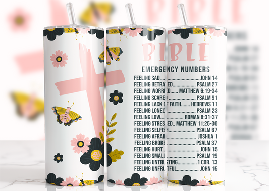 Bible Emergency Pink Butterfly 20 oz Hot and Cold Tumbler